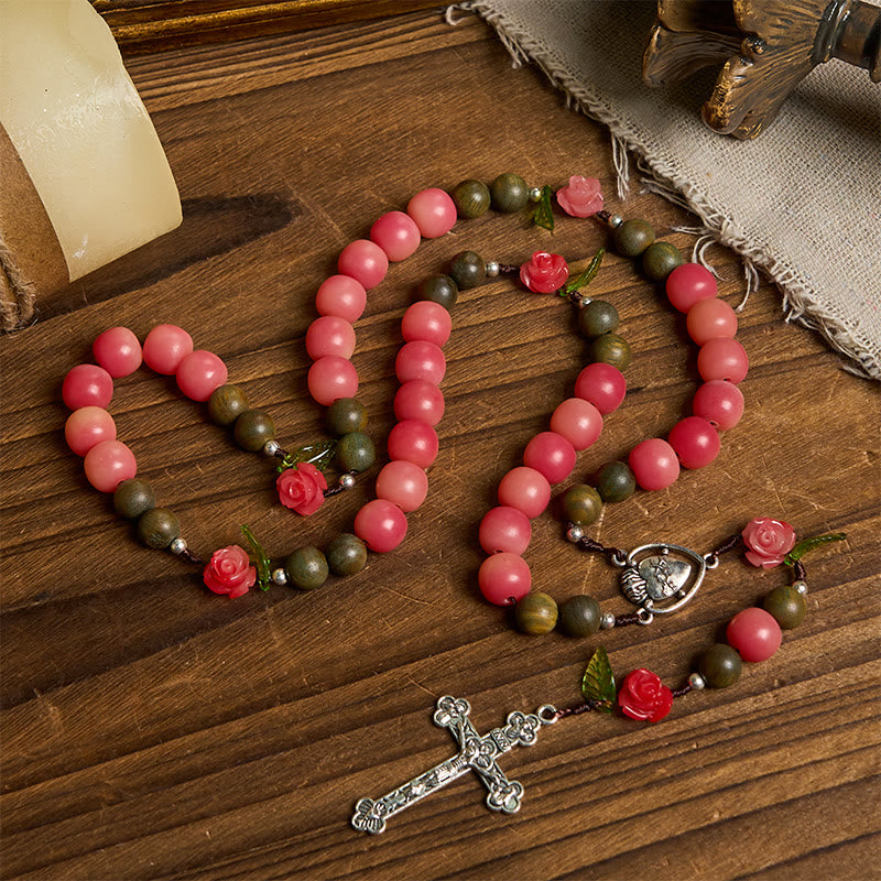 christiandiscipleshop Handmade Floral Rosary with Green Sandalwood & Peachy-Pink Bodhi Seed Beads – A Floral Tribute to the Sacred Heart