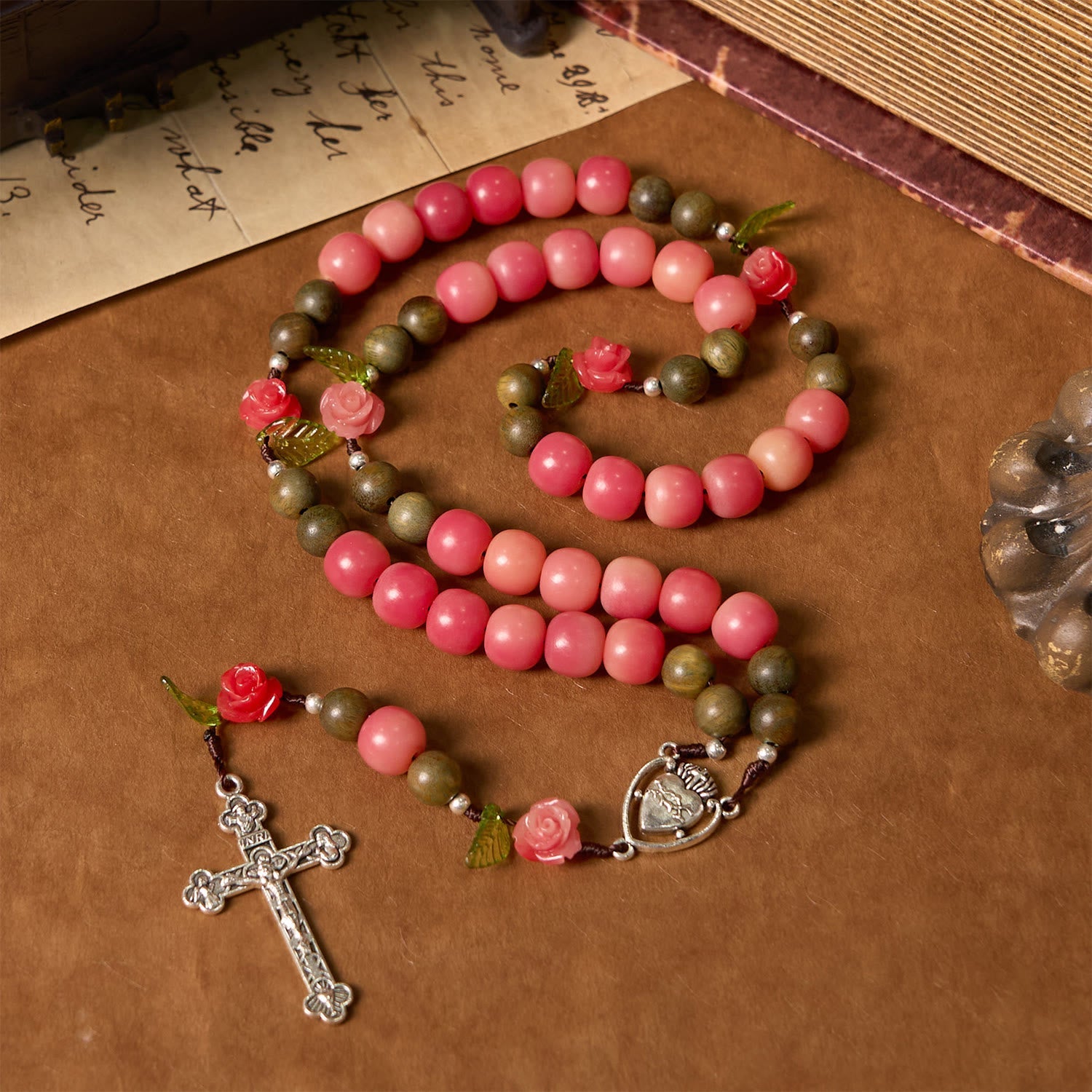 christiandiscipleshop Handmade Floral Rosary with Green Sandalwood & Peachy-Pink Bodhi Seed Beads – A Floral Tribute to the Sacred Heart