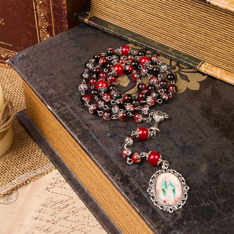 christiandiscipleshop Holy Gail & Miraculous Medal of 8mm Black-red Glass Round Beads Rosary