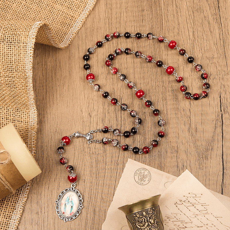 christiandiscipleshop Holy Gail & Miraculous Medal of 8mm Black-red Glass Round Beads Rosary