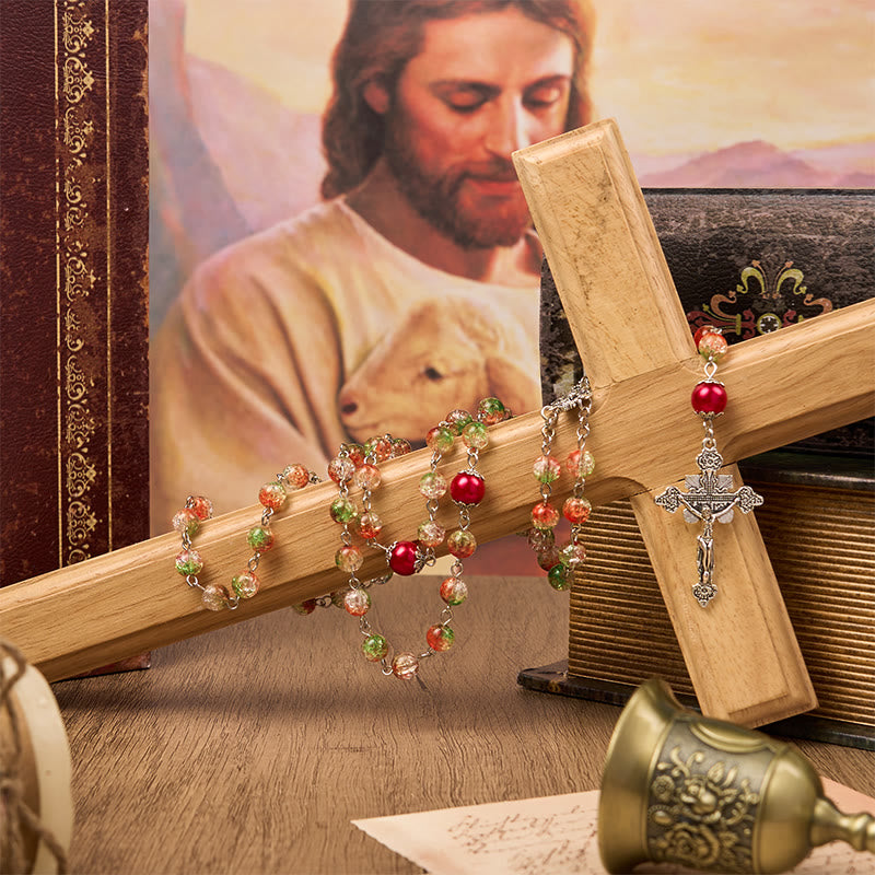 christiandiscipleshop Jesus Heart & Marry Medal of 8mm Orange-green Glass Round Beads Rosary
