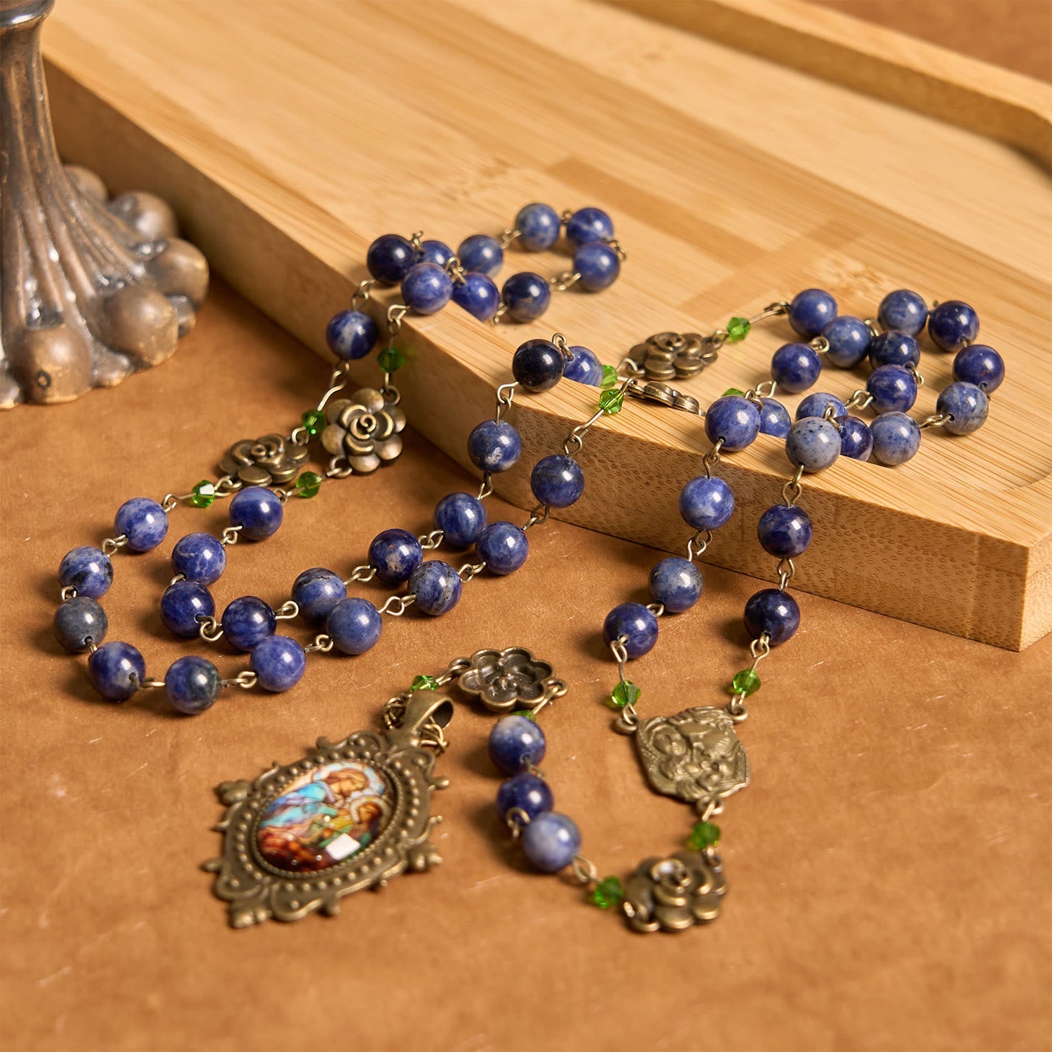 christiandiscipleshop Handmade Rosary with Lapis Beads and Floral Medallion – A Divine Reflection of Family and Faith
