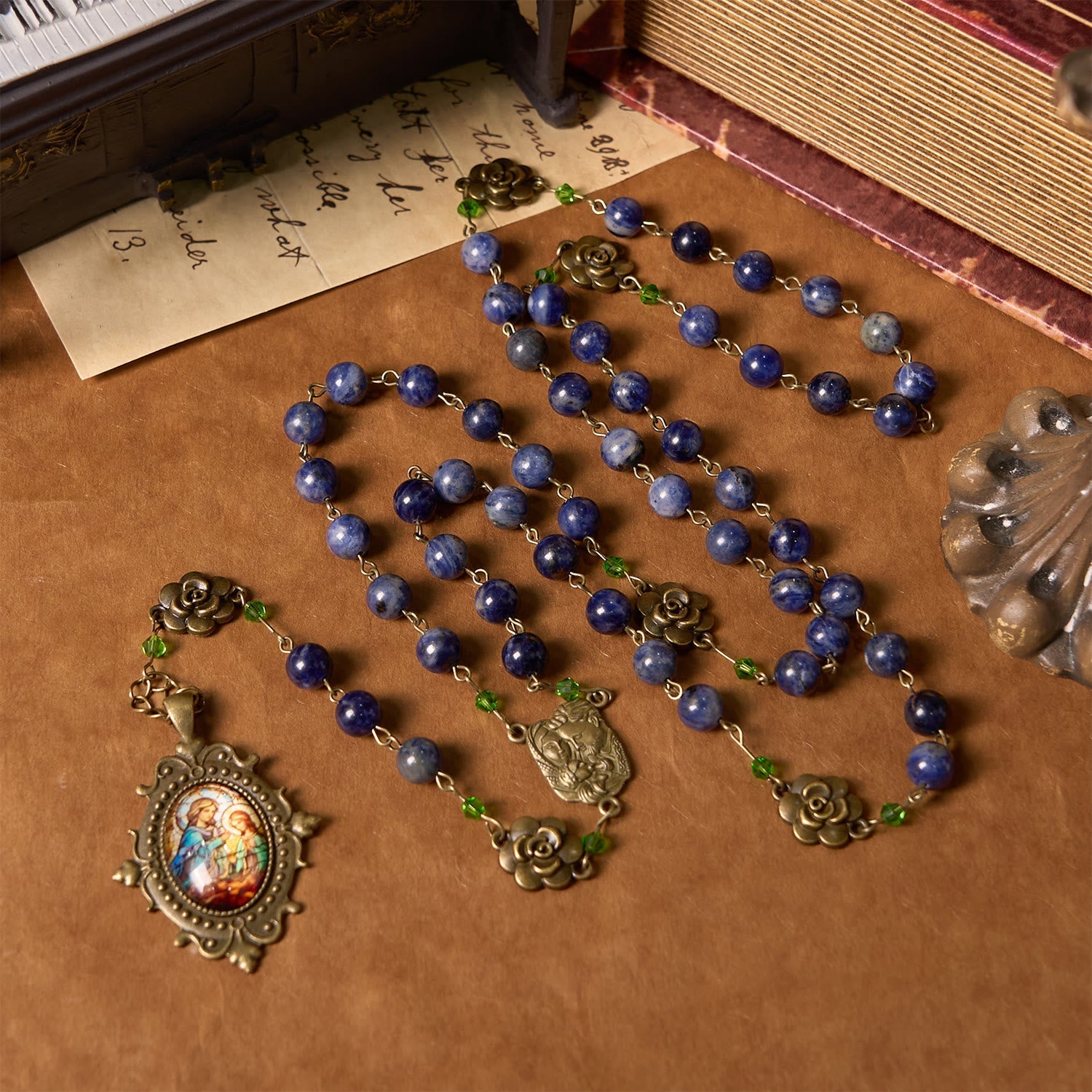 christiandiscipleshop Handmade Rosary with Lapis Beads and Floral Medallion – A Divine Reflection of Family and Faith