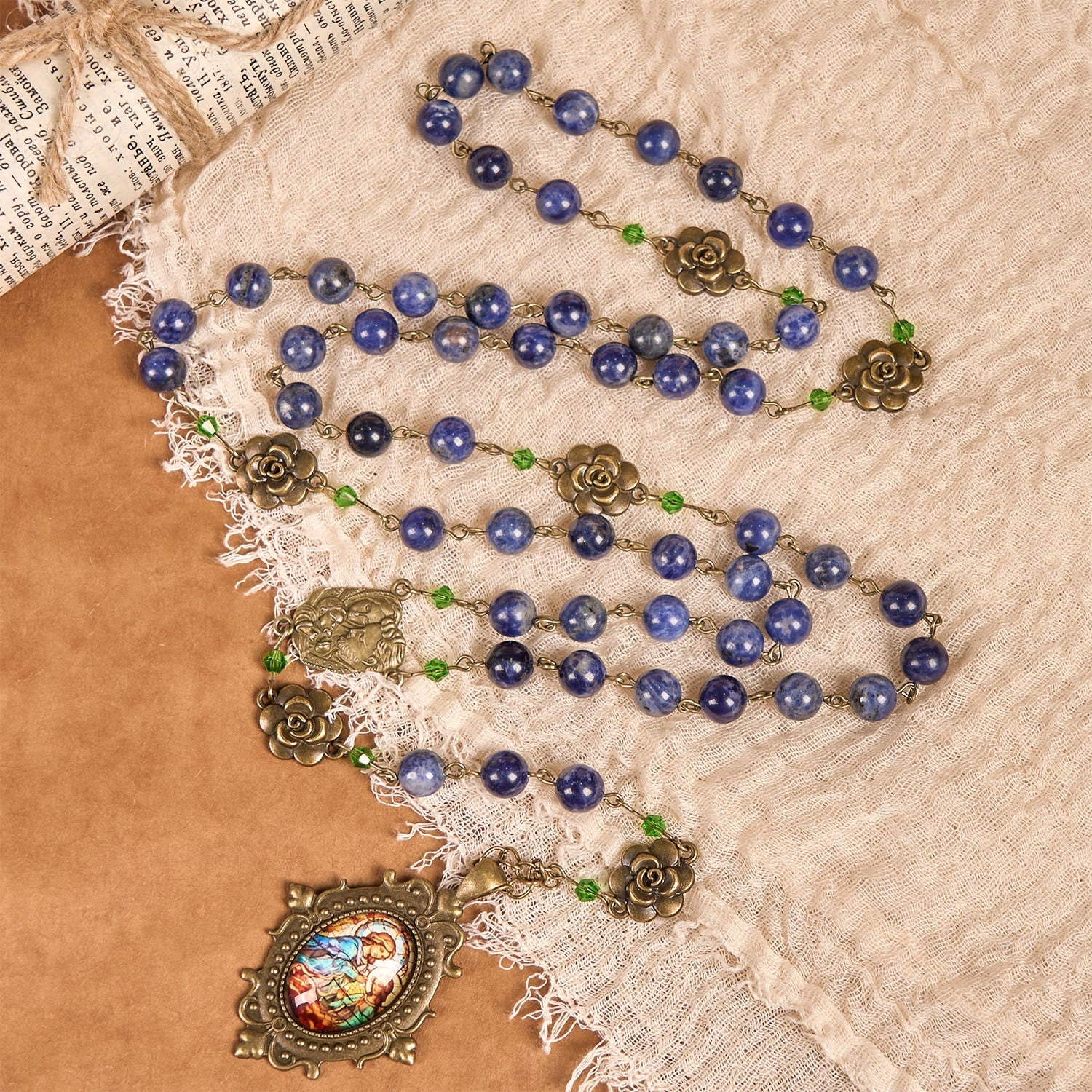 christiandiscipleshop Handmade Rosary with Lapis Beads and Floral Medallion – A Divine Reflection of Family and Faith