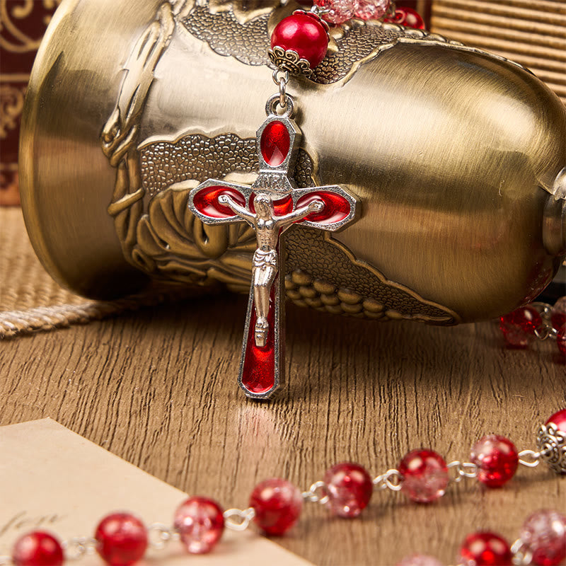 christiandiscipleshop Virgin Marry & Crucifix of 8mm Red Glass Round Beads Rosary