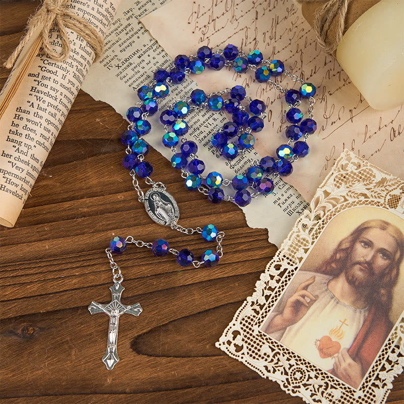 christiandiscipleshop Miraculous Medal & Crucifix of 8mm Blue Sparkle Glass Round Beads Rosary