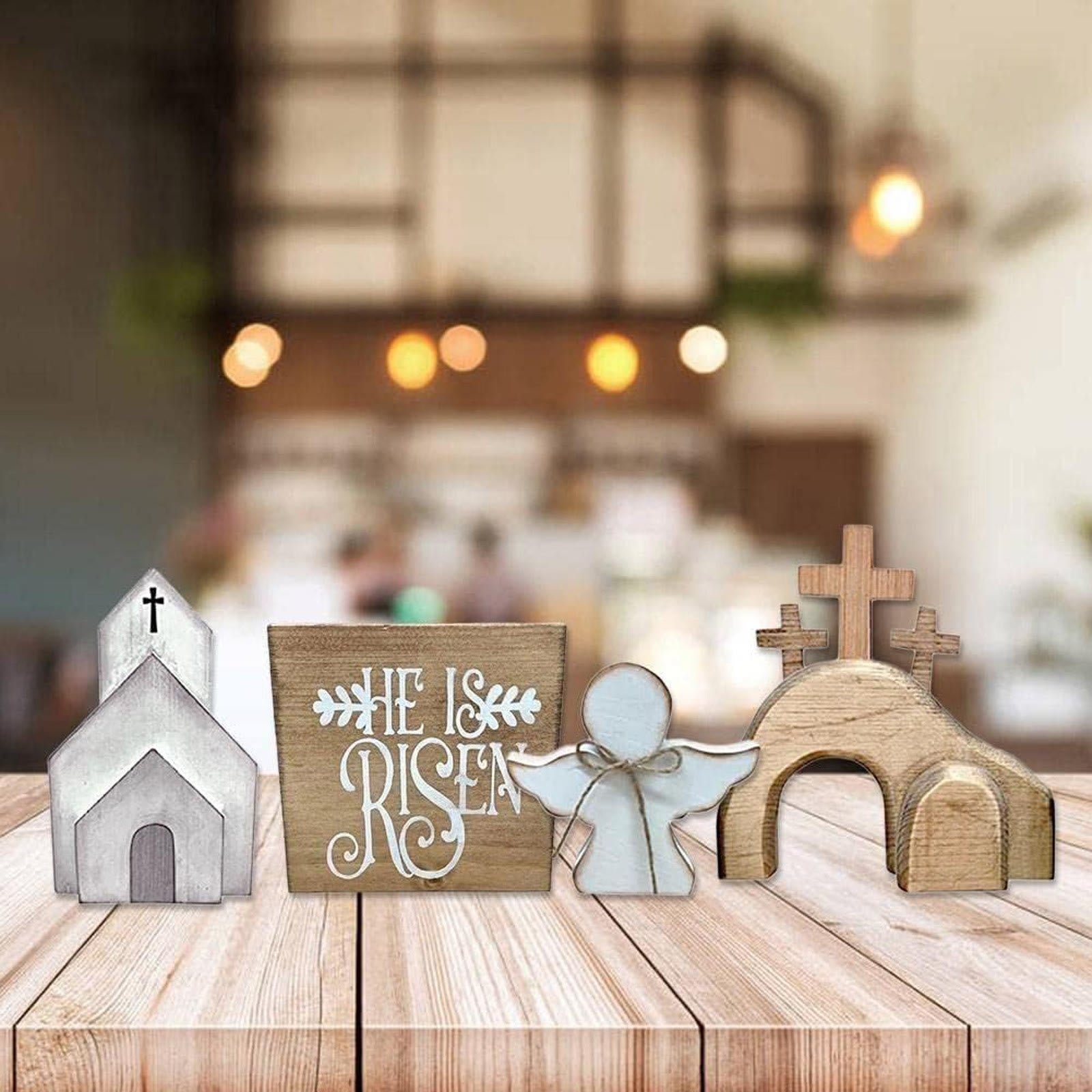 Christianartworkshop 4pcs/set Jesus Tomb-Easter Cross Wooden Easter Dekstop Decor Ornament