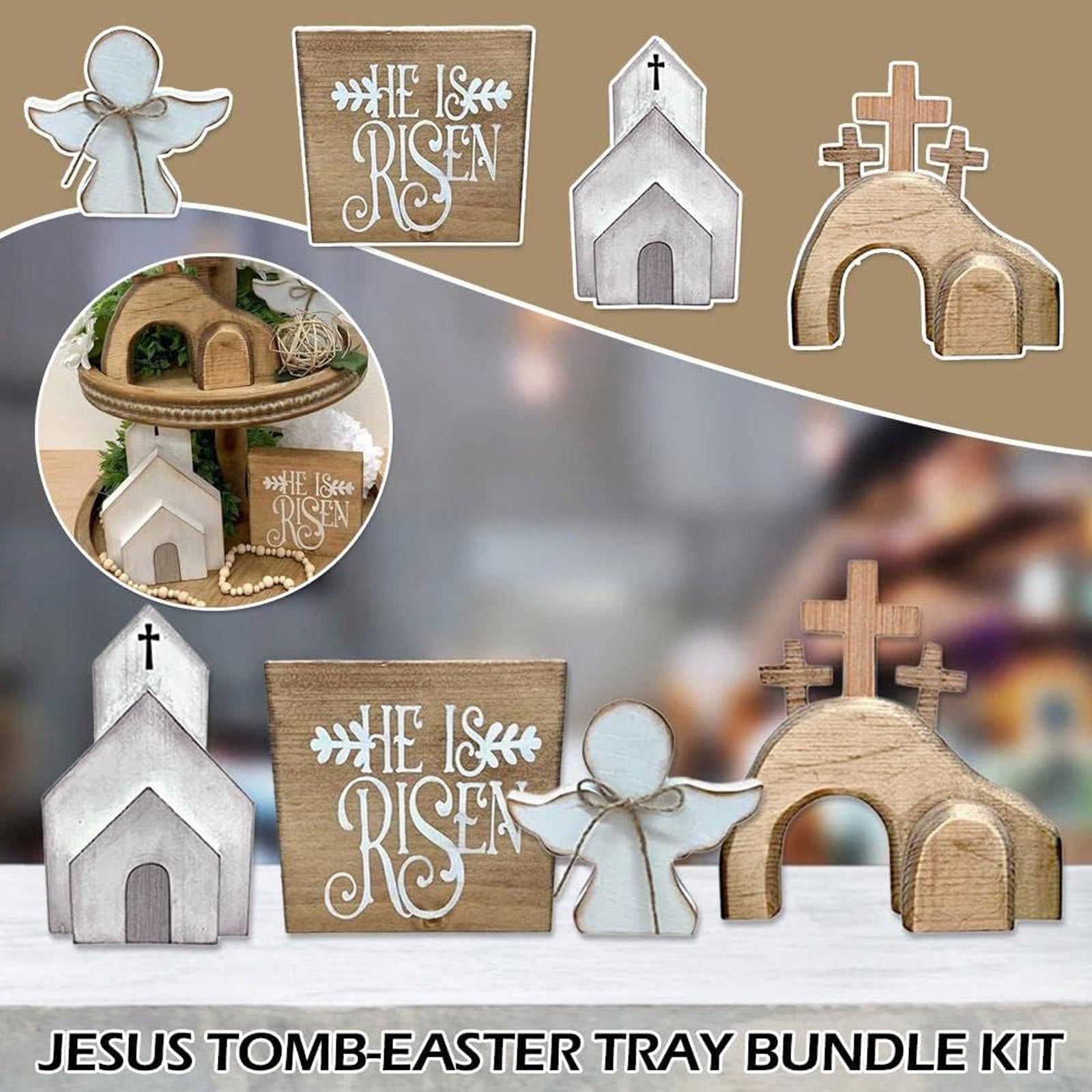 Christianartworkshop 4pcs/set Jesus Tomb-Easter Cross Wooden Easter Dekstop Decor Ornament