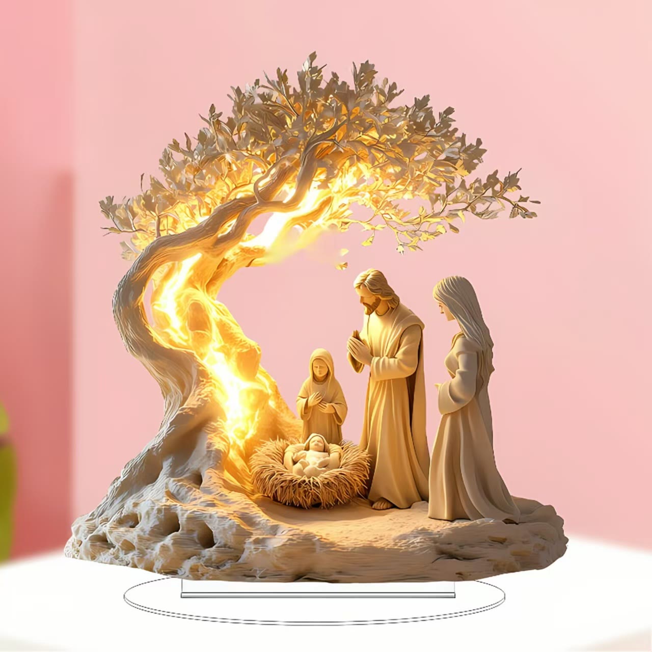 Christiandiscipleshop Glowing Desktop Ornament of the Nativity Scene of Jesus: The Holy Birth under the Sacred Tree
