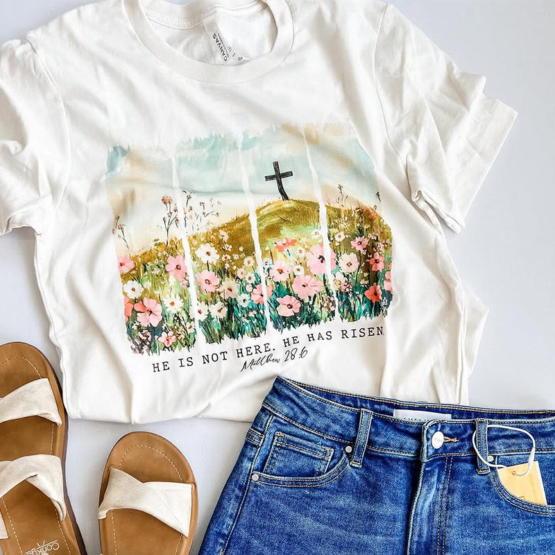 Christianartworkshop "He Has Risen" Faith-Inspired Floral Cross T-Shirt