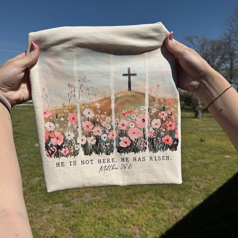 Christianartworkshop "He Has Risen" Faith-Inspired Floral Cross T-Shirt