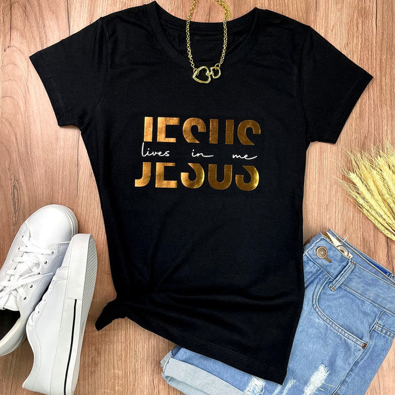 Christiandiscipleshop Glamorous Faith Jesus Lives in Me Gold Text Christian T-Shirt