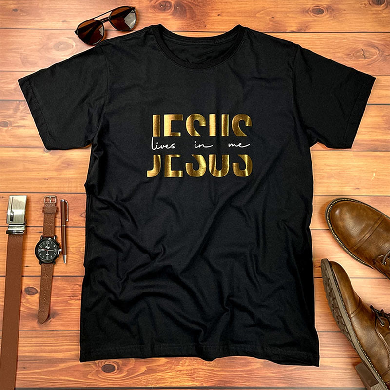 Christiandiscipleshop Glamorous Faith Jesus Lives in Me Gold Text Christian T-Shirt