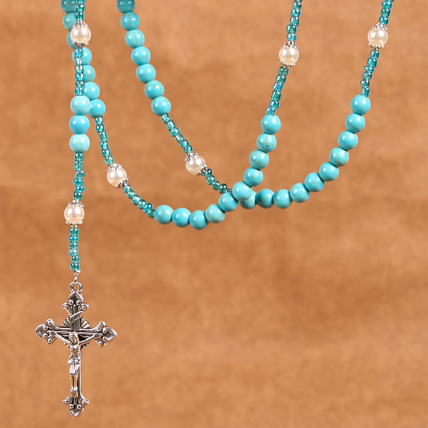 Christiandiscipleshop Our Lady Medal & Crucifix of 8mm Blue Turquoise Round Beads Rosary