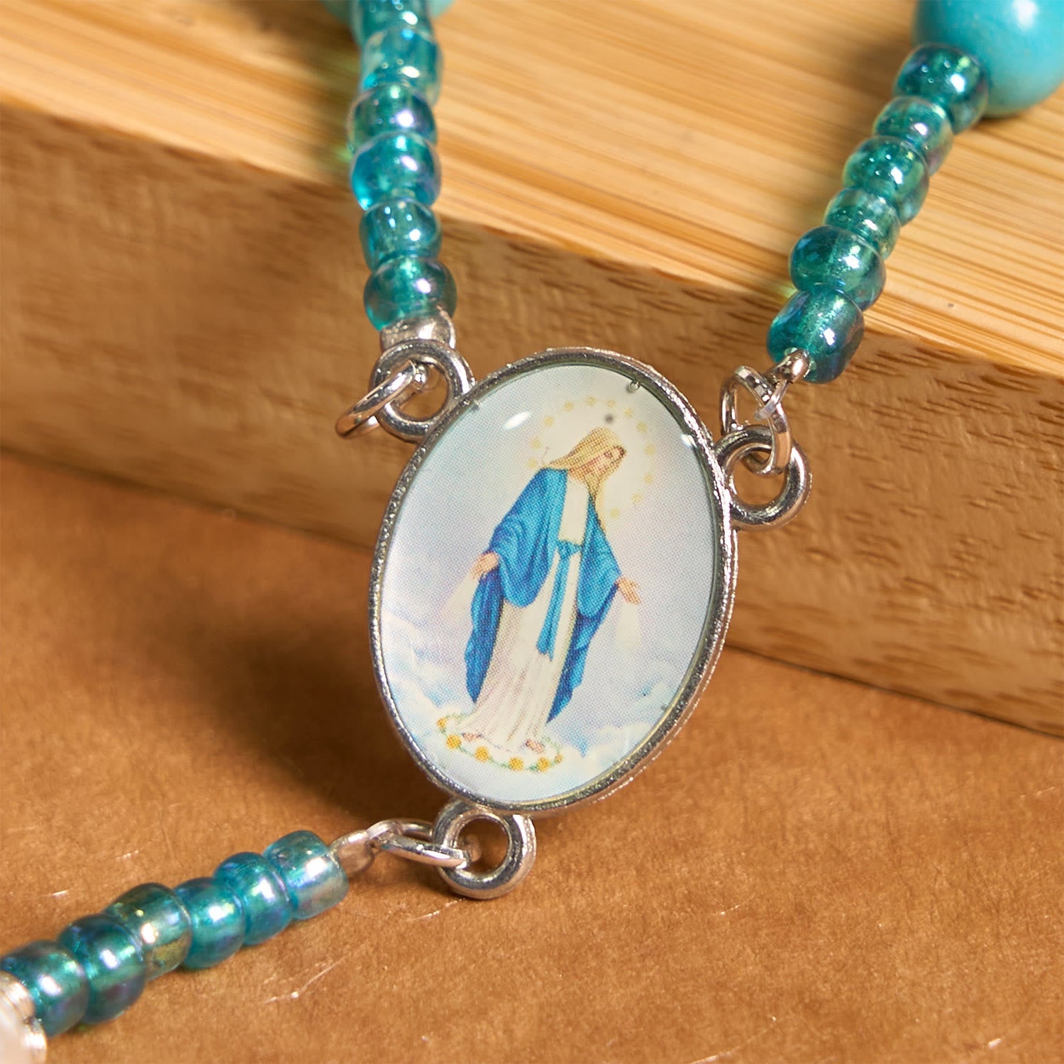 Christiandiscipleshop Our Lady Medal & Crucifix of 8mm Blue Turquoise Round Beads Rosary