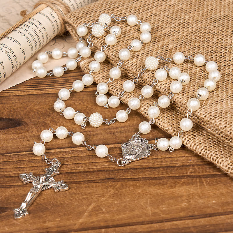 Christiandiscipleshop Our Lady Medal & Crucifix of 8mm White Acrylic Round Beads Rosary