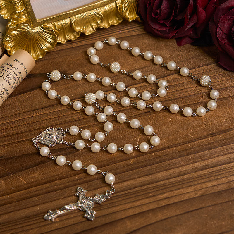 Christiandiscipleshop Our Lady Medal & Crucifix of 8mm White Acrylic Round Beads Rosary