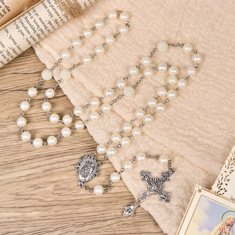 Christiandiscipleshop Our Lady Medal & Crucifix of 8mm White Acrylic Round Beads Rosary