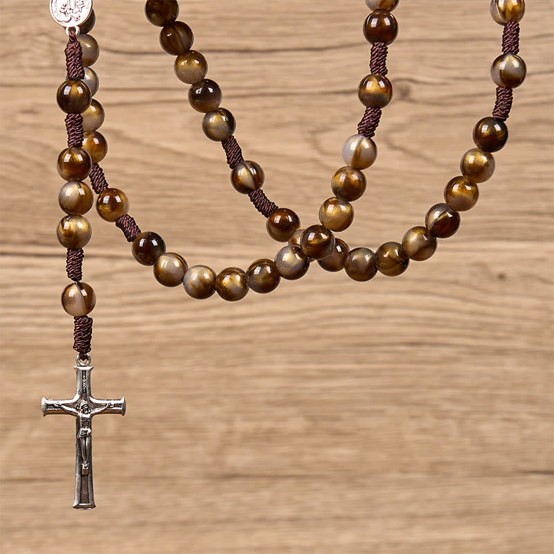 Christiandiscipleshop Our Lady Medal & Crucifix of 10mm Brown Acrylic Round Beads Divine Rosary