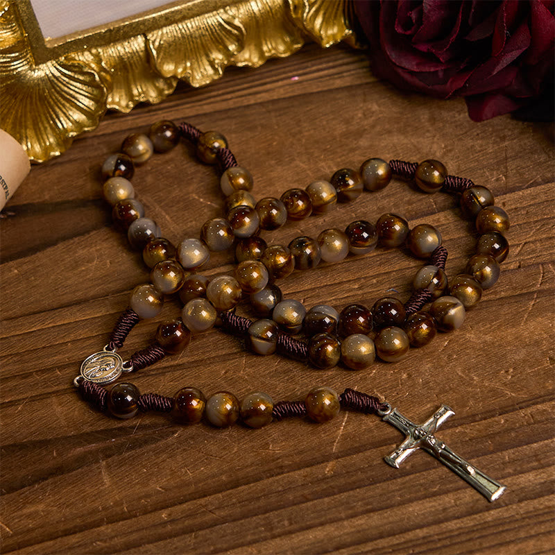 Christiandiscipleshop Our Lady Medal & Crucifix of 10mm Brown Acrylic Round Beads Divine Rosary