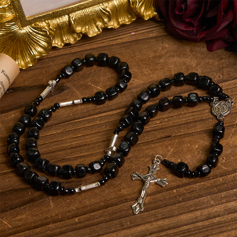 Christiandiscipleshop St. Benedict Medal & Crucifix of 8mm Black Wood Round Beads Rosary