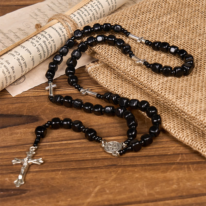 Christiandiscipleshop St. Benedict Medal & Crucifix of 8mm Black Wood Round Beads Rosary