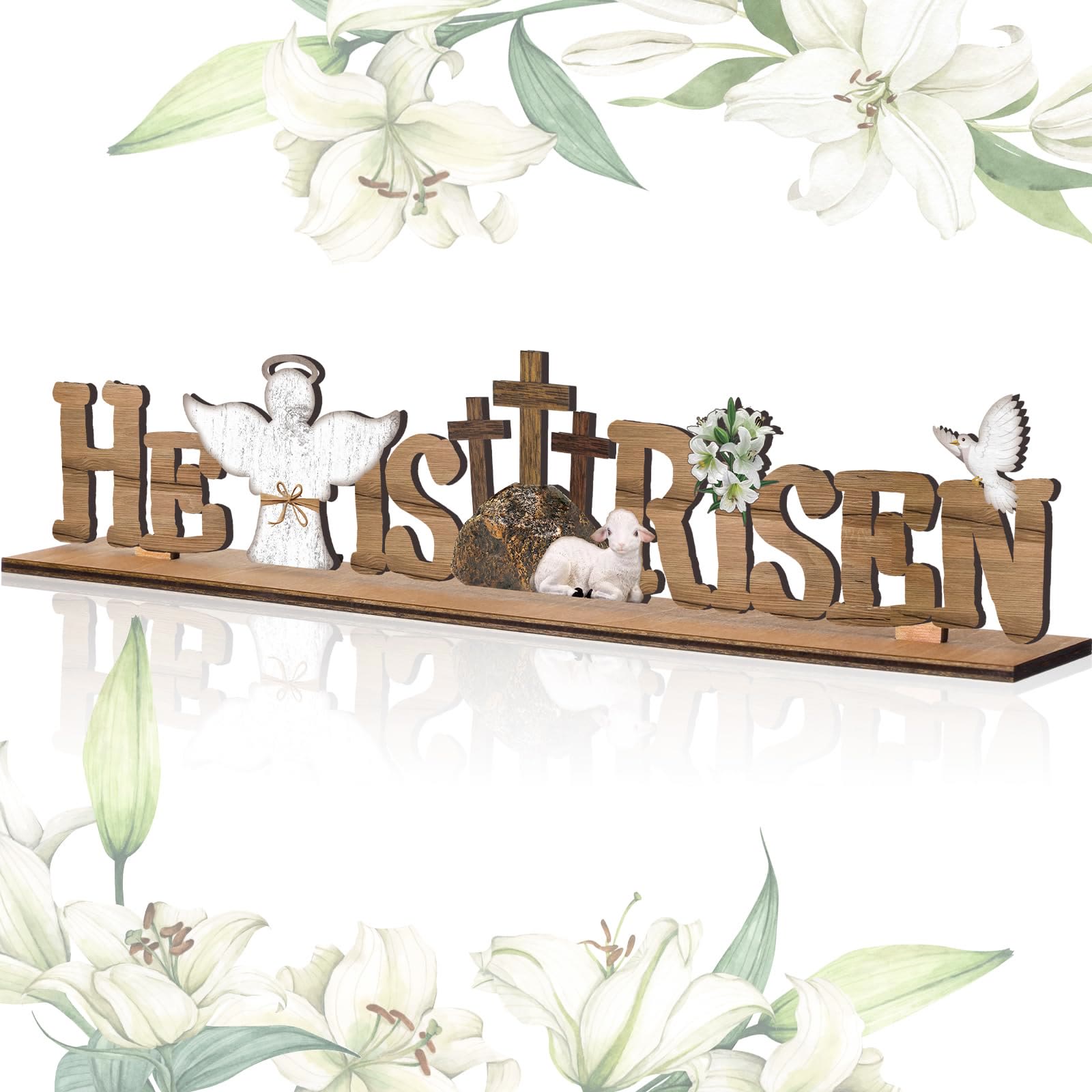 Christianartworkshop "He Is Risen" & Lamb & Angel & Dove Wooden Easter Dekstop Decor Ornament