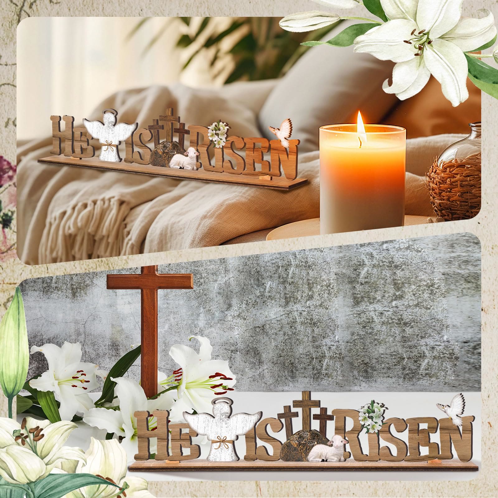 Christianartworkshop "He Is Risen" & Lamb & Angel & Dove Wooden Easter Dekstop Decor Ornament