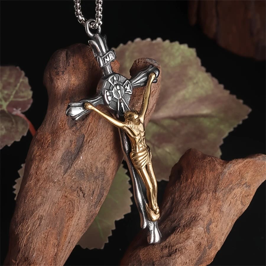 christiandiscipleshop Two-tone Steel Crafted Crucifix Necklace - The Divine Sacrifice