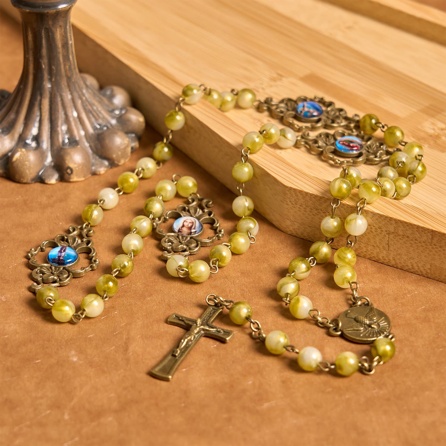 christiandiscipleshop Holy Spirit & Crucifix of Special Vintage Metal Decade 8mm Yellow Green Beads Rosary
