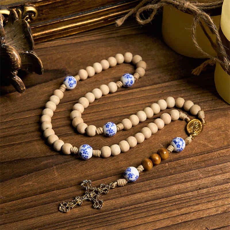 christiandiscipleshop Handmade Wooden Ceramics Beads Miraculous Medal & Crucifix Rosary