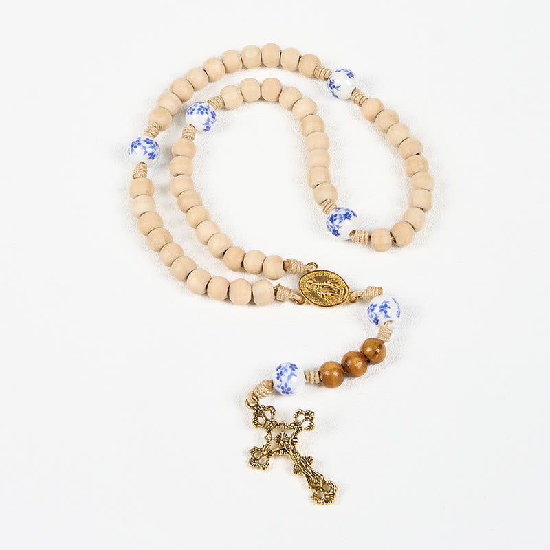 christiandiscipleshop Handmade Wooden Ceramics Beads Miraculous Medal & Crucifix Rosary