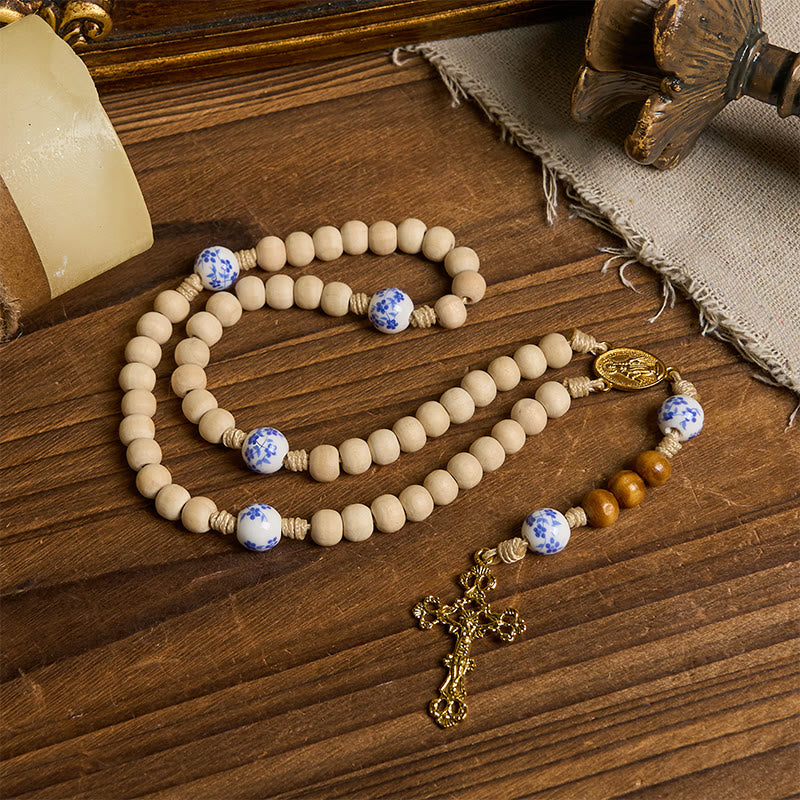 christiandiscipleshop Handmade Wooden Ceramics Beads Miraculous Medal & Crucifix Rosary