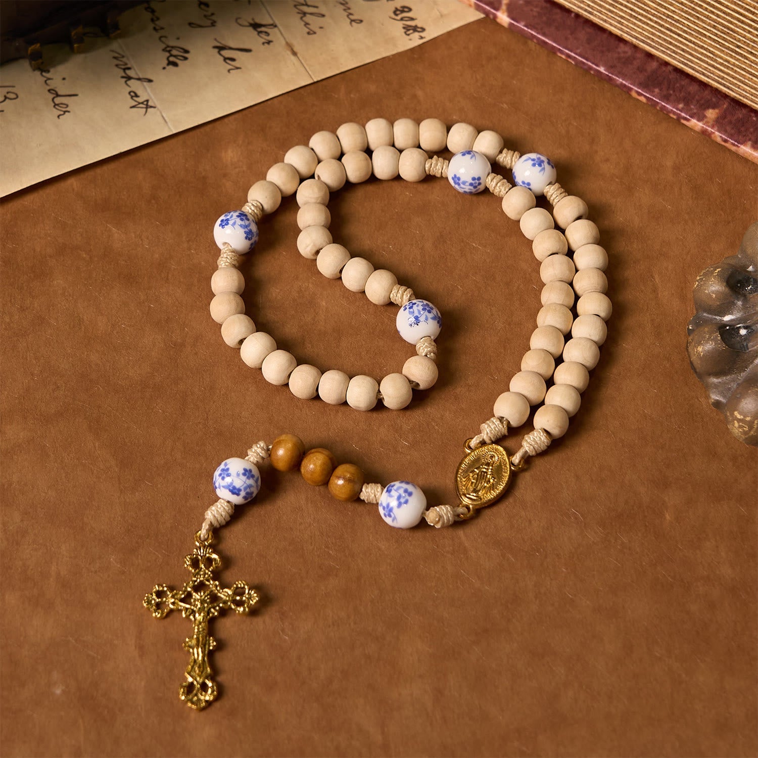 christiandiscipleshop Handmade Wooden Ceramics Beads Miraculous Medal & Crucifix Rosary