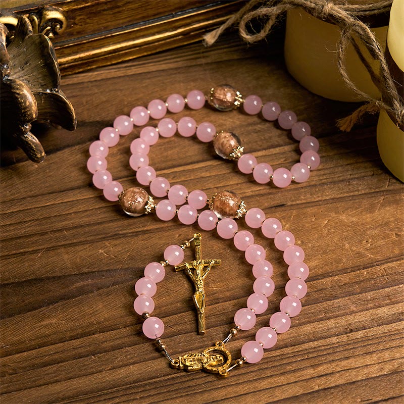 christiandiscipleshop Handmade Pink Chalcedony & Porcelain Golden Sand Our Father Beads Prayer Rosary