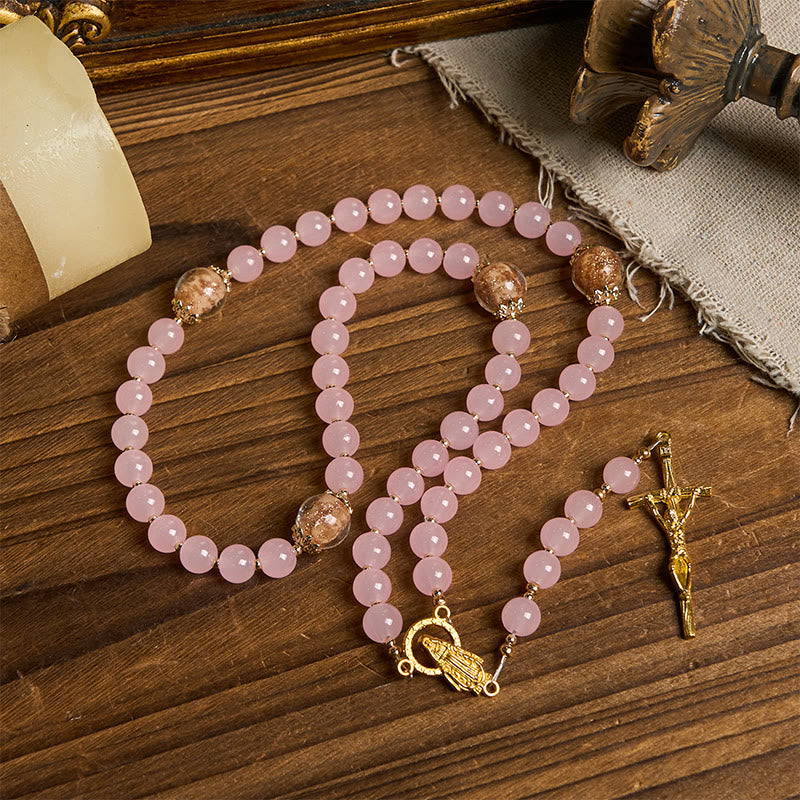 christiandiscipleshop Handmade Pink Chalcedony & Porcelain Golden Sand Our Father Beads Prayer Rosary