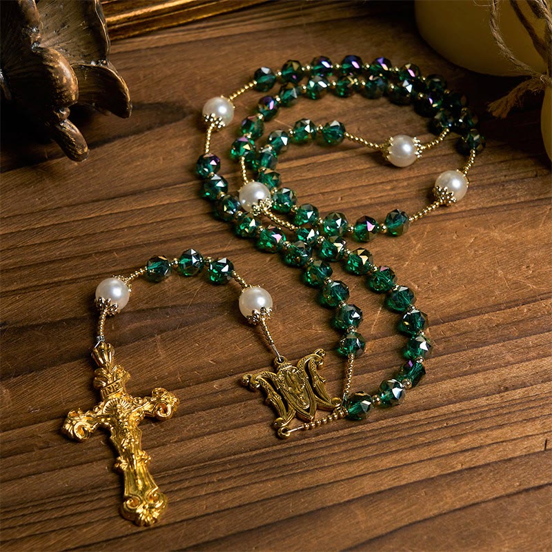 christiandiscipleshop Handmade Emerald Green Crystal & Pearl Our Father Beads Divine Grace Rosary
