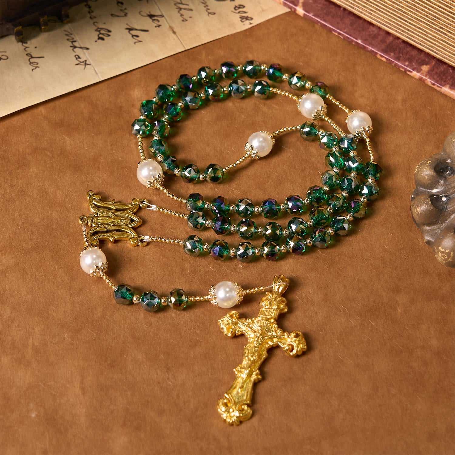 christiandiscipleshop Handmade Emerald Green Crystal & Pearl Our Father Beads Divine Grace Rosary