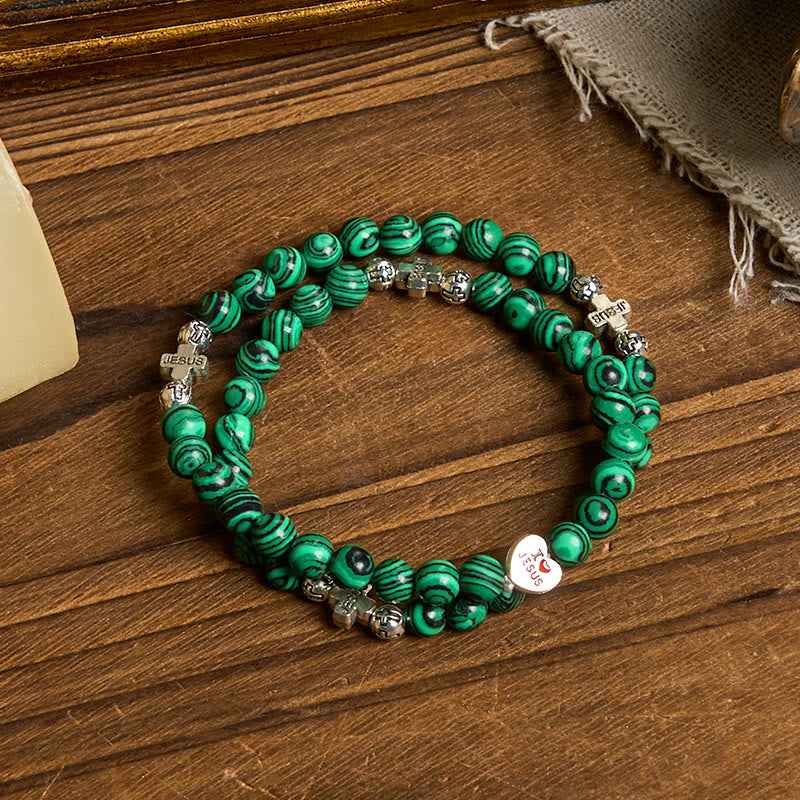 Christiandiscipleshop Green Malachite Beads Cross I Love Jesus Faith Rosary Bracelet