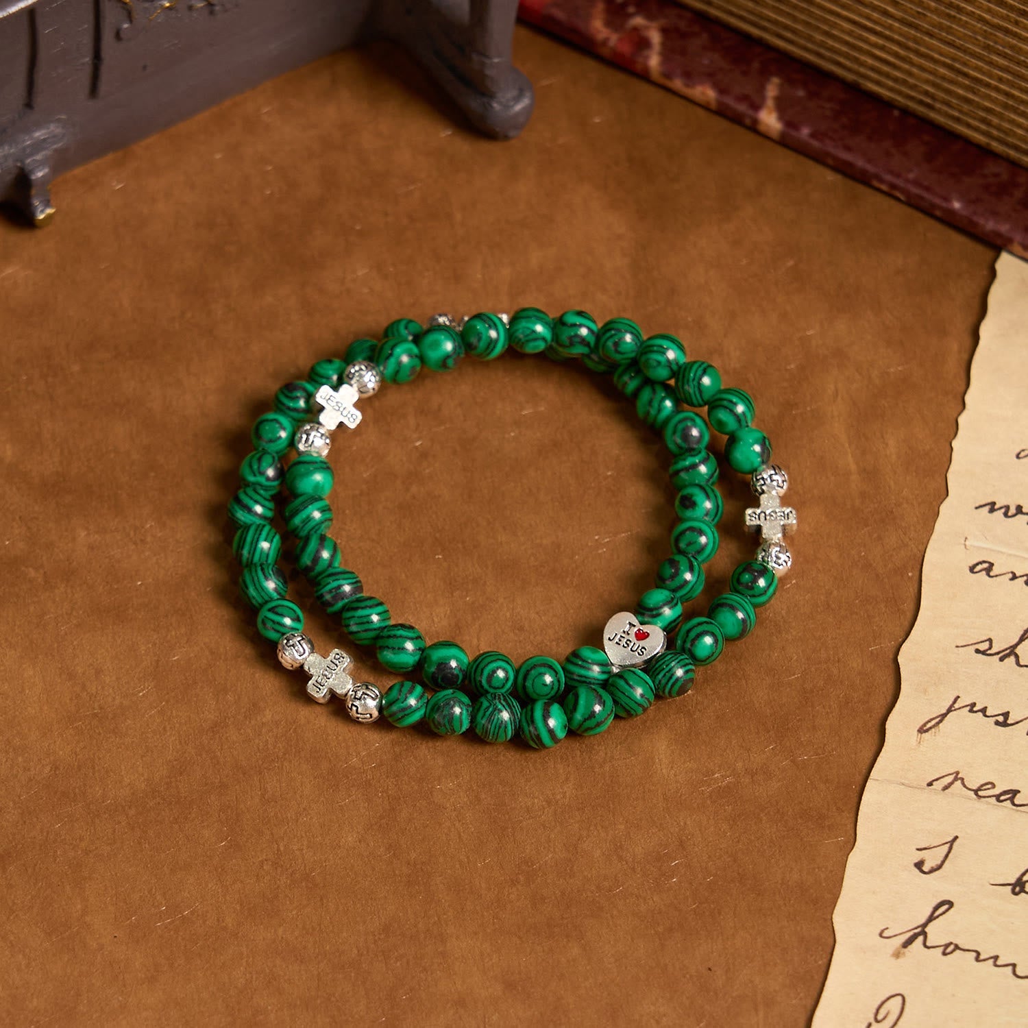 Christiandiscipleshop Green Malachite Beads Cross I Love Jesus Faith Rosary Bracelet