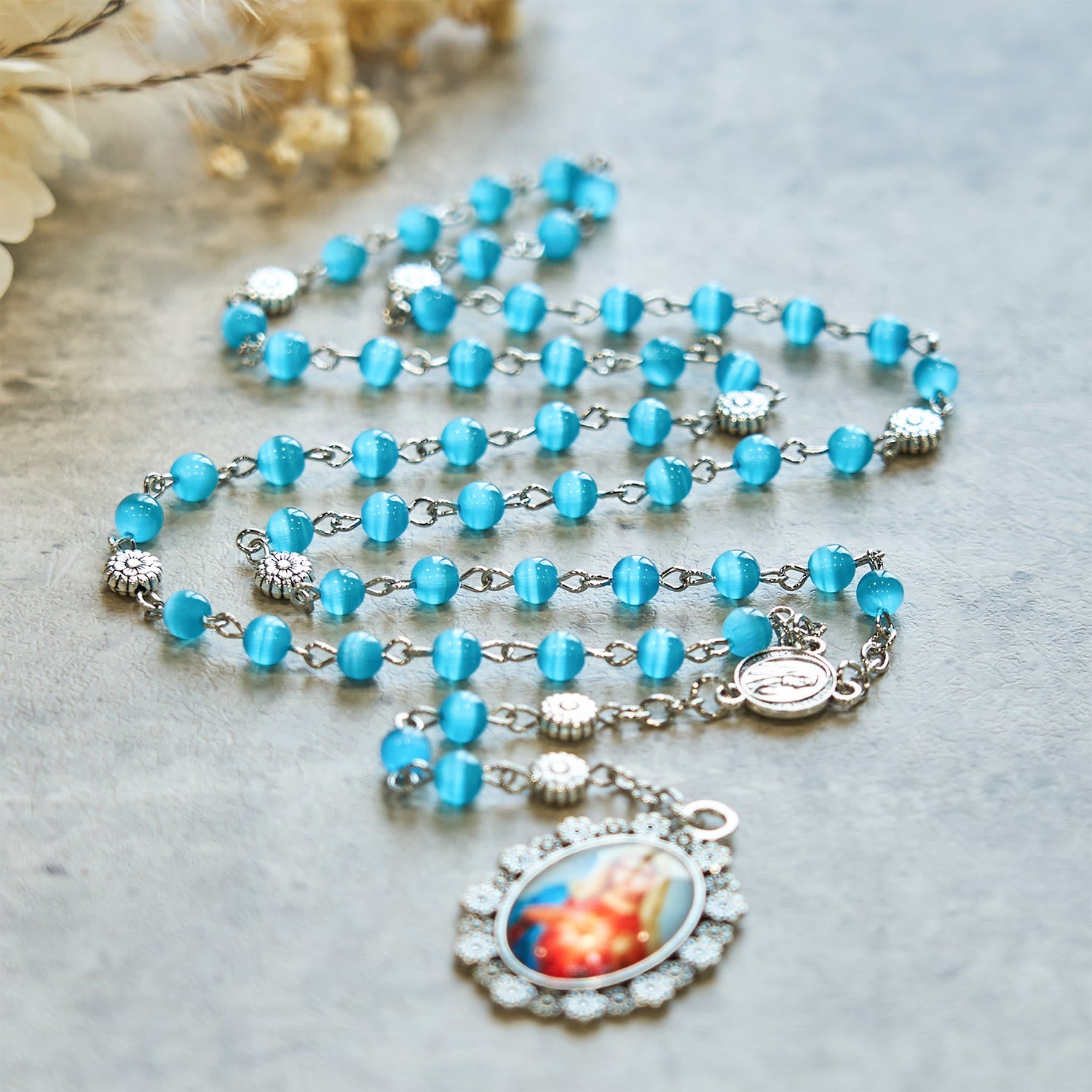 christiandiscipleshop Immaculate Heart of Mary 6mm Glass Shiny Beads Lake Blue 7 Sorrows Rosary