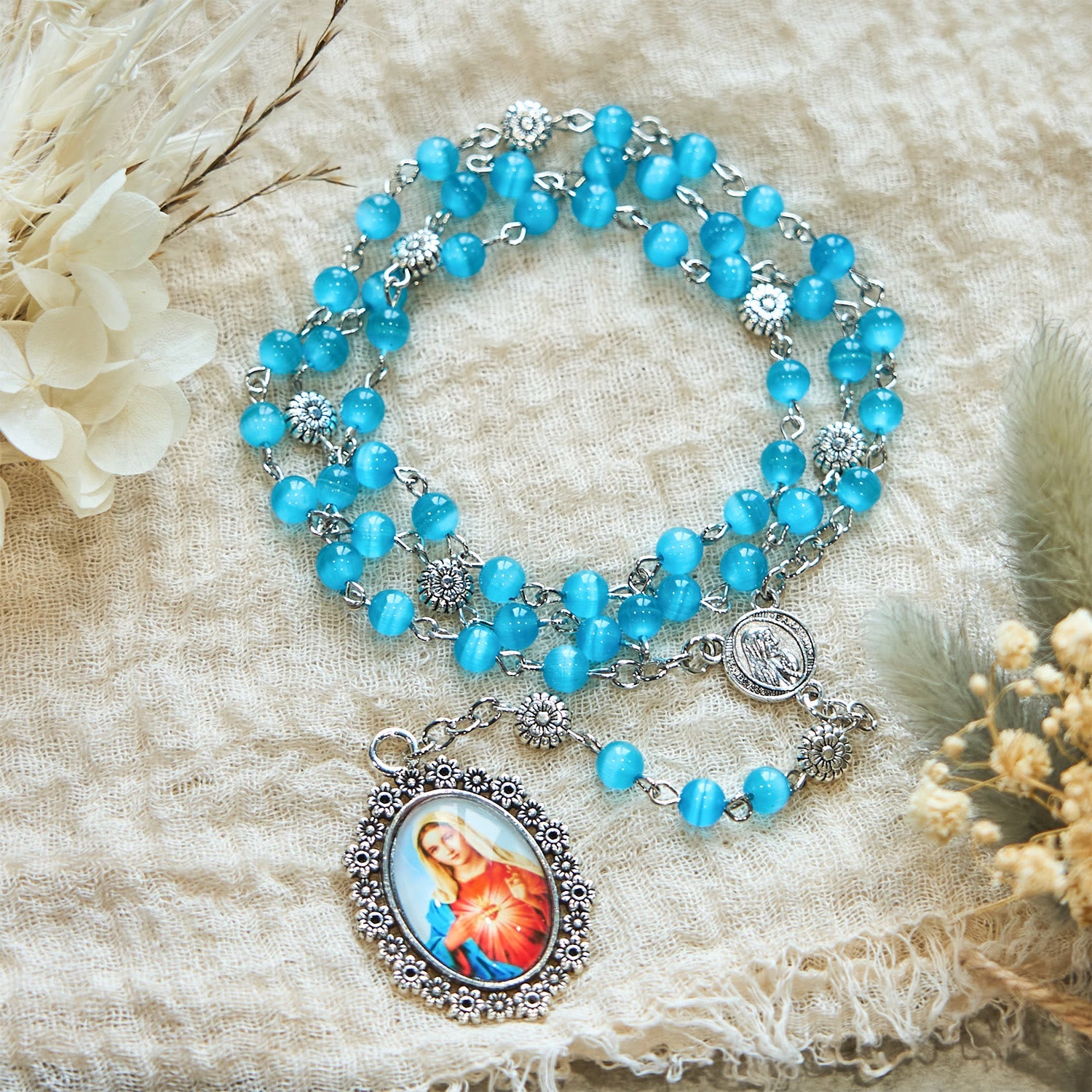 christiandiscipleshop Immaculate Heart of Mary 6mm Glass Shiny Beads Lake Blue 7 Sorrows Rosary