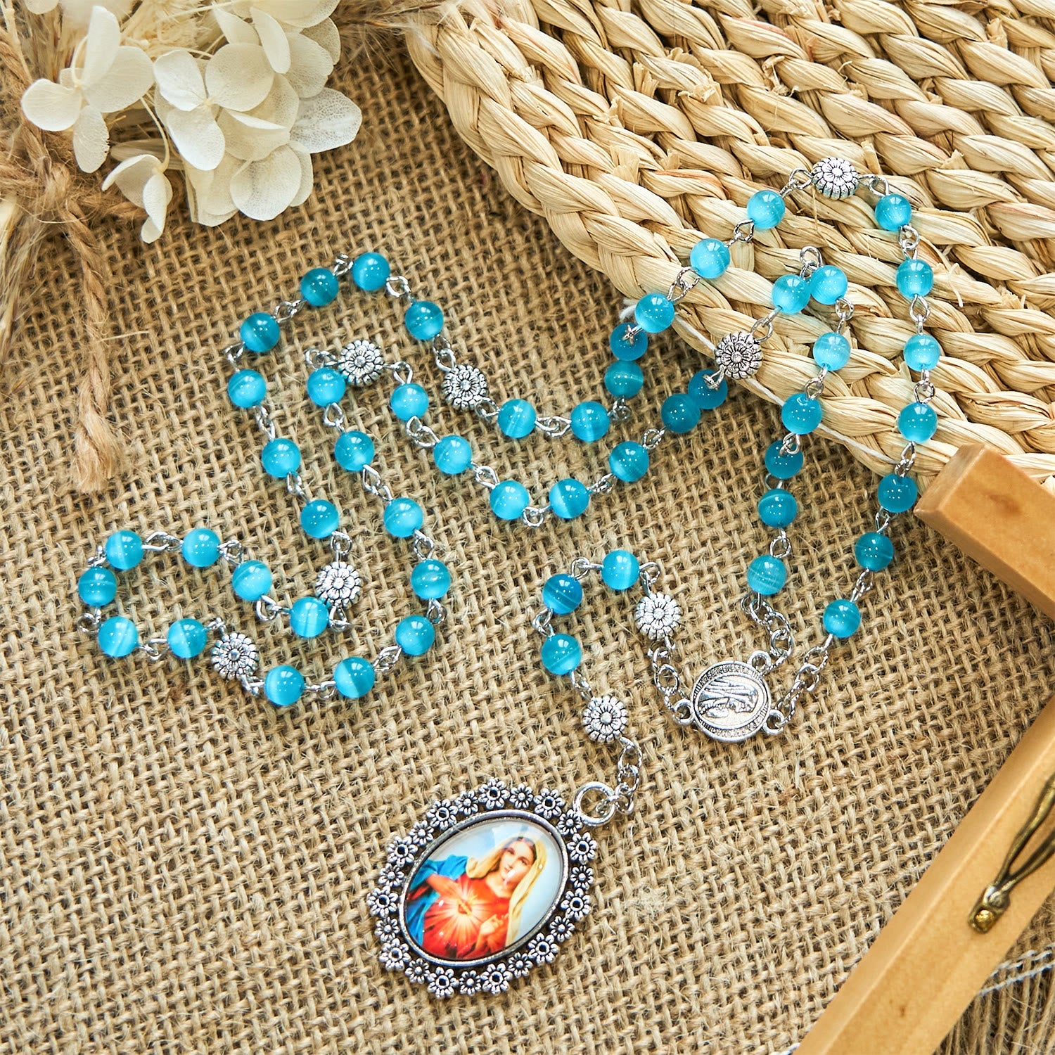christiandiscipleshop Immaculate Heart of Mary 6mm Glass Shiny Beads Lake Blue 7 Sorrows Rosary