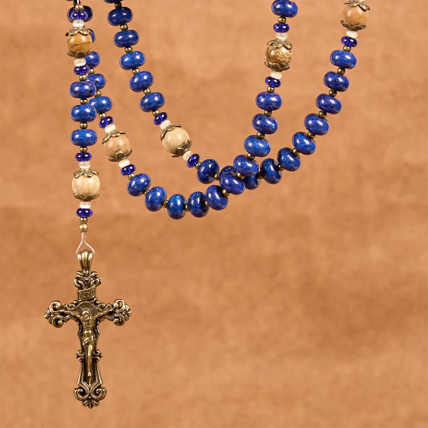 christiandiscipleshop Handmade St. Therese of Lisieux Medal & Crucifix 8*10mm Oblate Lapis Lazuli & Map Stone Rosary