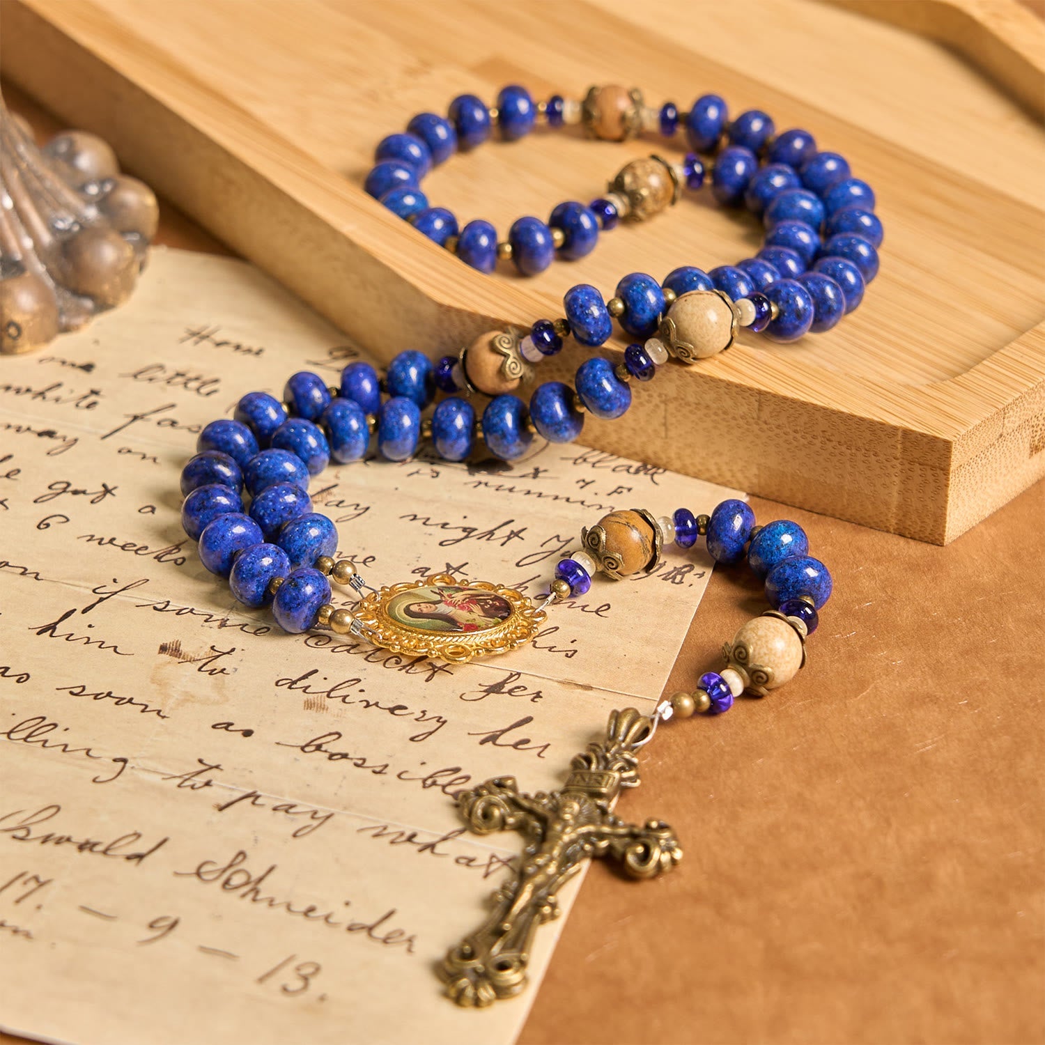 christiandiscipleshop Handmade St. Therese of Lisieux Medal & Crucifix 8*10mm Oblate Lapis Lazuli & Map Stone Rosary
