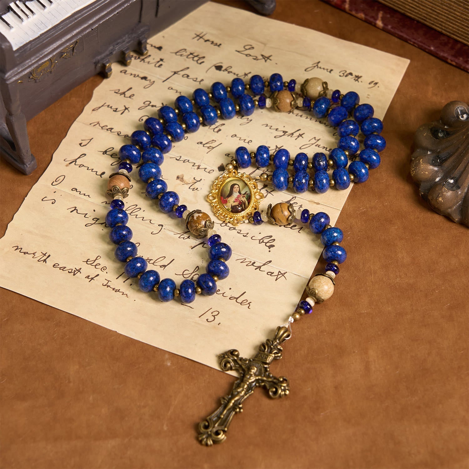 christiandiscipleshop Handmade St. Therese of Lisieux Medal & Crucifix 8*10mm Oblate Lapis Lazuli & Map Stone Rosary