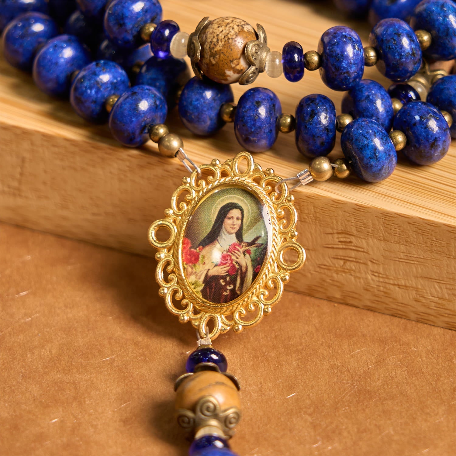 christiandiscipleshop Handmade St. Therese of Lisieux Medal & Crucifix 8*10mm Oblate Lapis Lazuli & Map Stone Rosary
