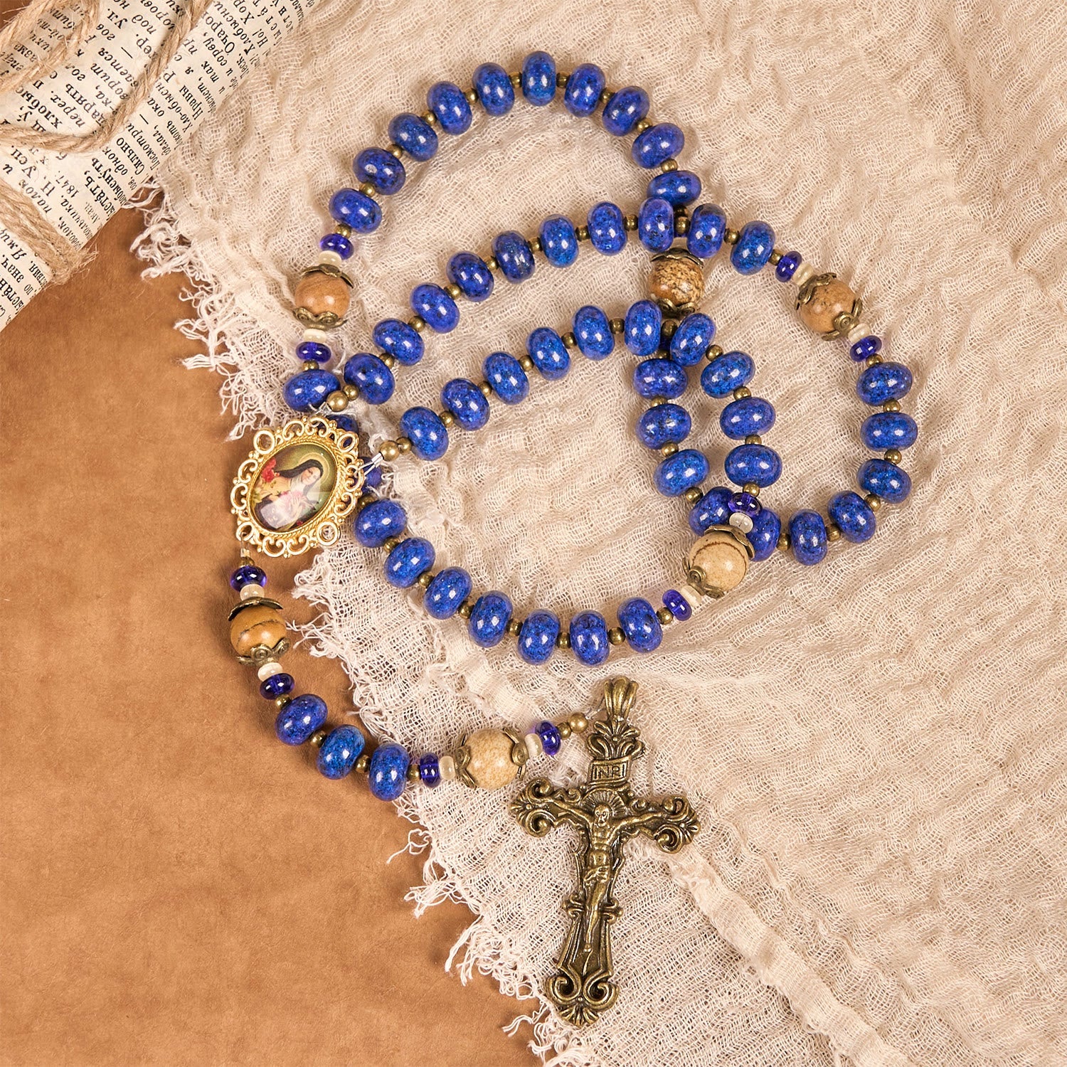 christiandiscipleshop Handmade St. Therese of Lisieux Medal & Crucifix 8*10mm Oblate Lapis Lazuli & Map Stone Rosary