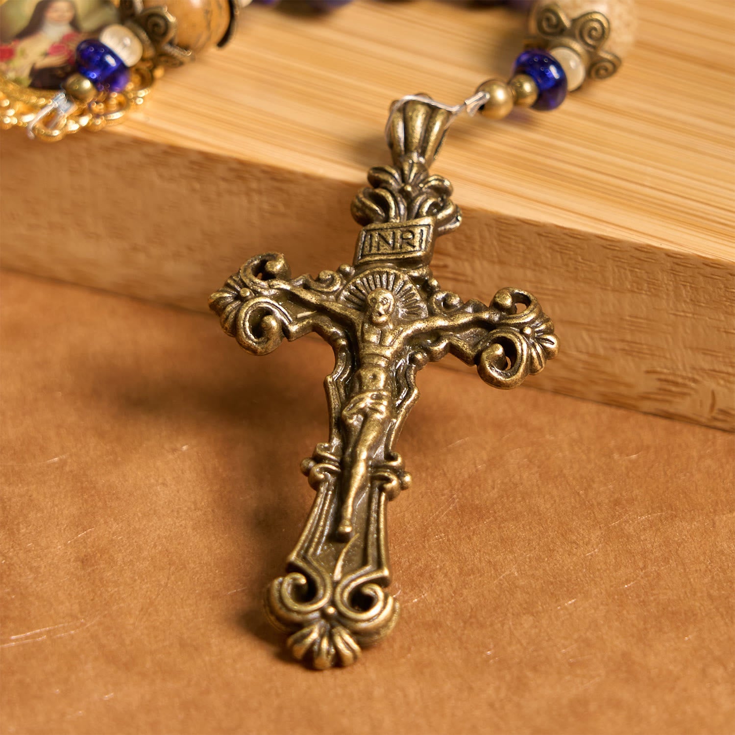 christiandiscipleshop Handmade St. Therese of Lisieux Medal & Crucifix 8*10mm Oblate Lapis Lazuli & Map Stone Rosary