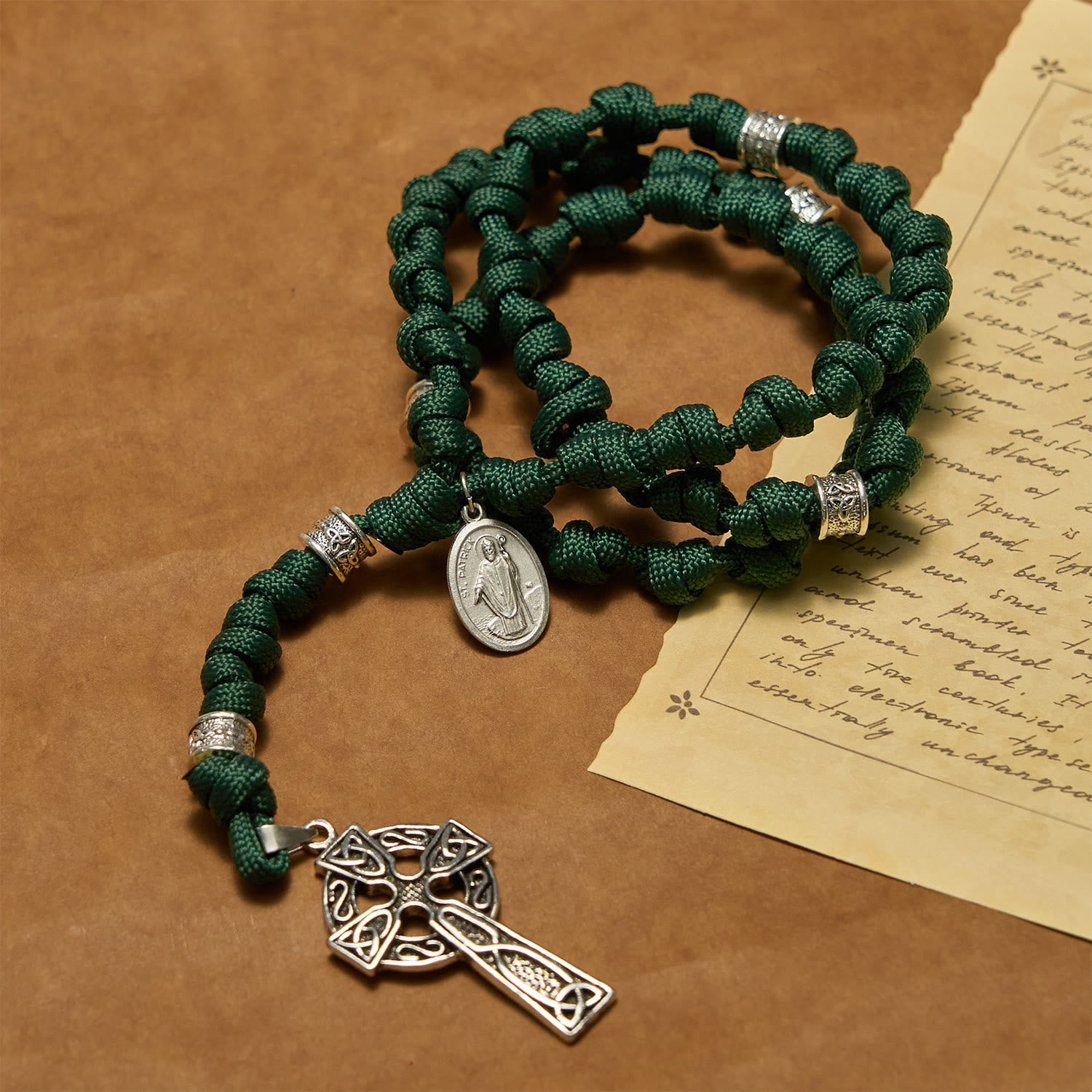 Christiandiscipleshop St. Patrick Medal Dark Green Celtic Style Cross Handmade Inspired Paracord Knotted Rosary